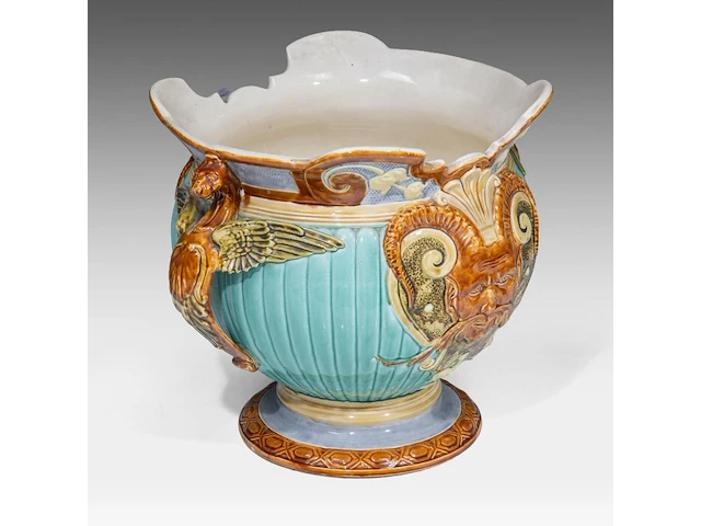 Mouzin-lecat & cie, a polychrome jardinière and stand, nimy - belgium, total h: 119 cm - afbeelding 8 van  9