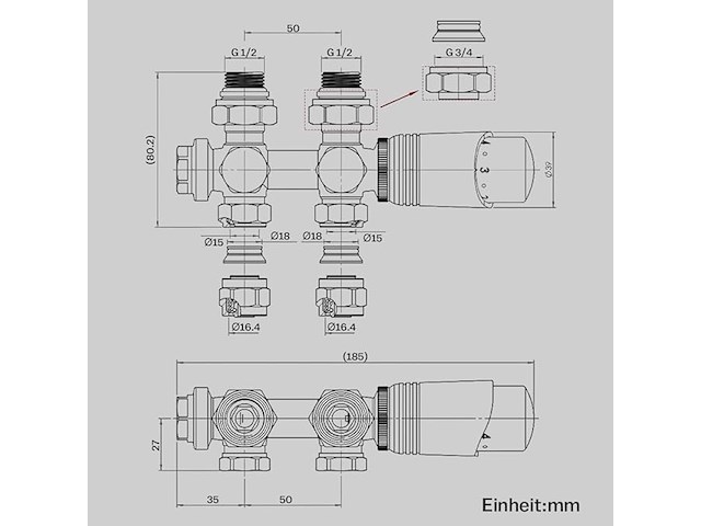 Multiblock thermostaat hoek- en doorlaatvormset aftapblok voor radiatoren - afbeelding 6 van  6