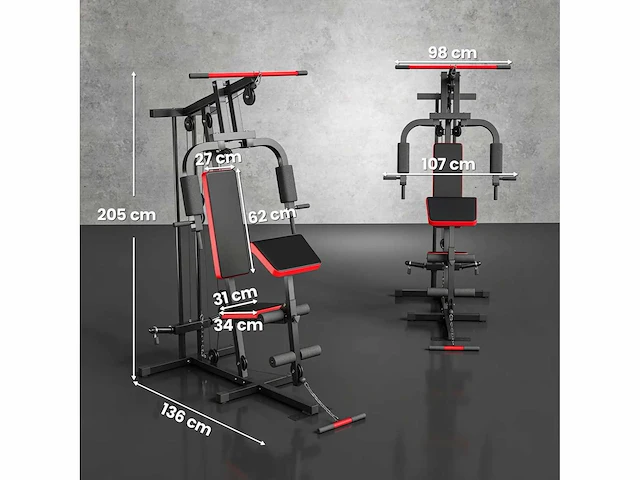 Multifunctionele multi-disc multi-gym met uitneembare bank, 136x107x205cm, zwart en rood - afbeelding 3 van  6