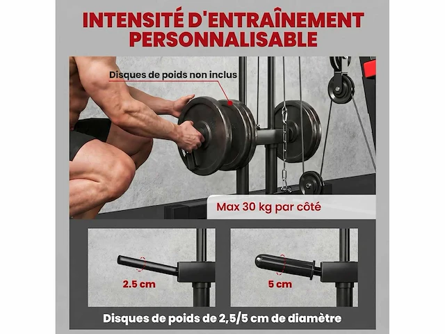 Multifunctionele multi-disc multi-gym met uitneembare bank, 136x107x205cm, zwart en rood - afbeelding 4 van  6