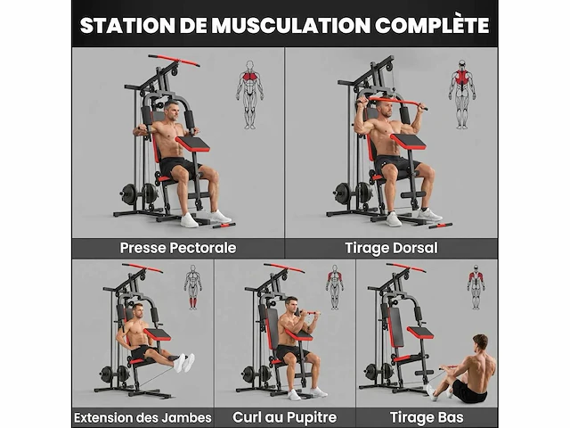 Multifunctionele multi-disc multi-gym met uitneembare bank, 136x107x205cm, zwart en rood - afbeelding 5 van  6