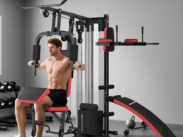 Multifunctionele verstelbare fitnessbank 10 tegengewichten 65 kg met beschermend net - afbeelding 1 van  8