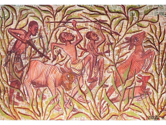 Mwenze kibwanga (1925-1999), untitled (the hunters), 1993, oil on canvas 80 x 115 cm. (31 1/2 x 45.28 in.) - afbeelding 1 van  6