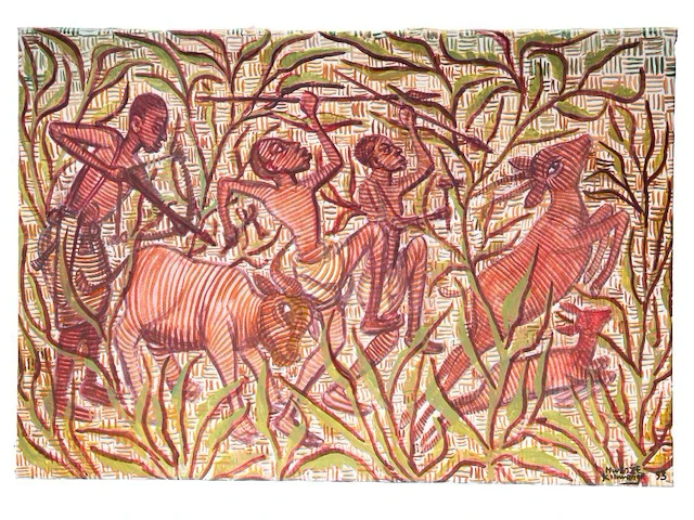 Mwenze kibwanga (1925-1999), untitled (the hunters), 1993, oil on canvas 80 x 115 cm. (31 1/2 x 45.28 in.) - afbeelding 2 van  6