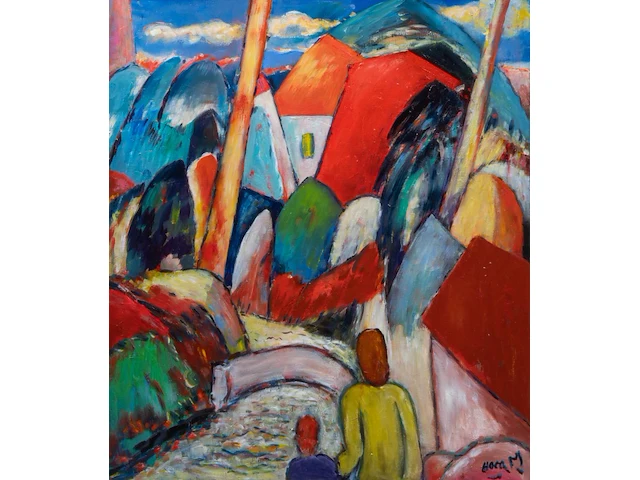Myer lacome (1927-2011), 'mon village', 2004, oil on canvas 80 x 70 cm. (31 1/2 x 27.55 in.), frame: 101.5 x 91.5 cm. (39.96 x 36.02 in.) - afbeelding 1 van  6