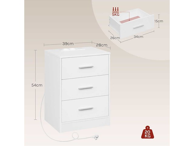 Nachtkastje met ingebouwde fitting, set van 2, 3 lades, wit - afbeelding 3 van  5