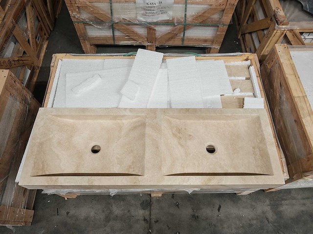Natuursteen light travertin dubbele wastafel 120x40x10 cm - afbeelding 5 van  6