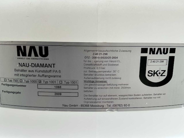 Nau 1001 pvc opslagtank voor diesel 750 liter - afbeelding 2 van  2