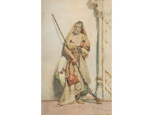 Nazzareno cipriani (1843-1925), portrait of an ottoman, watercolour on paper 54 x 34 cm. (21.26 x 13.39 in.), frame: 78.5 x 58.5 cm. (30.91 x 23.03 in.) - afbeelding 1 van  4