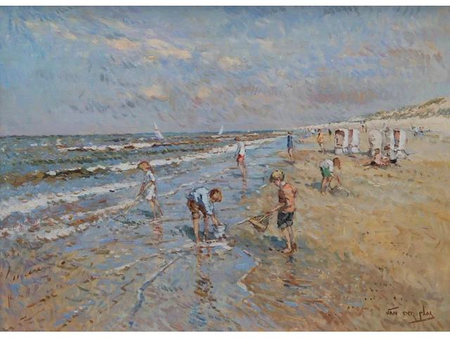 Niek van der plas (1954), children on the beach, oil on canvas 60 x 80 cm. (23.62 x 31 1/2 in.), frame: 77 x 97 cm. (30.30 x 38.18 in.) - afbeelding 1 van  6