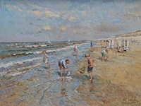 Niek van der plas (1954), children on the beach, oil on canvas 60 x 80 cm. (23.62 x 31 1/2 in.), frame: 77 x 97 cm. (30.30 x 38.18 in.)