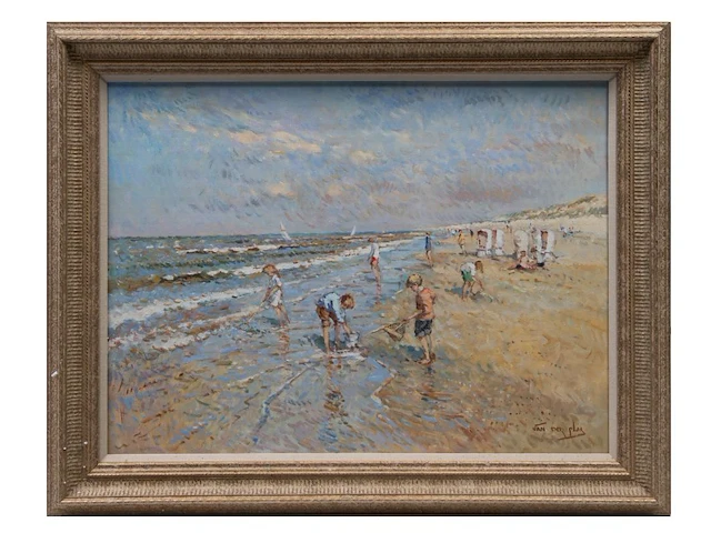 Niek van der plas (1954), children on the beach, oil on canvas 60 x 80 cm. (23.62 x 31 1/2 in.), frame: 77 x 97 cm. (30.30 x 38.18 in.) - afbeelding 2 van  6