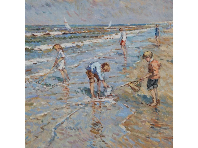 Niek van der plas (1954), children on the beach, oil on canvas 60 x 80 cm. (23.62 x 31 1/2 in.), frame: 77 x 97 cm. (30.30 x 38.18 in.) - afbeelding 5 van  6
