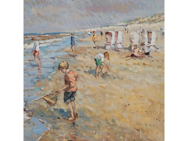 Niek van der plas (1954), children on the beach, oil on canvas 60 x 80 cm. (23.62 x 31 1/2 in.), frame: 77 x 97 cm. (30.30 x 38.18 in.) - afbeelding 6 van  6