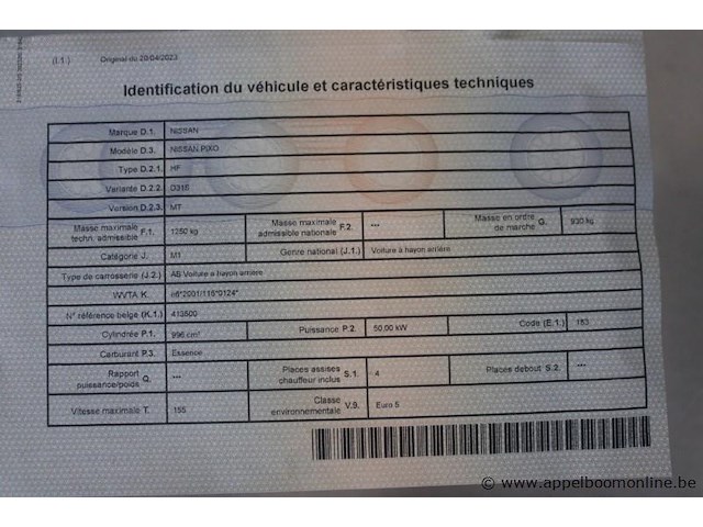 Nissan pixo, mbhhfd31s00212041, 1e insch 23/10/2009, 96151km, 50kw, 996cm³, benzine, manueel, hatchback, euro 5, mtm 1250kg, tarra 930kg, keuring tot 06/04/2026, inschrijvingsbewijs deel i en ii en gelijkvormigheidsattest - afbeelding 14 van  23