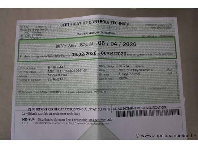 Nissan pixo, mbhhfd31s00212041, 1e insch 23/10/2009, 96151km, 50kw, 996cm³, benzine, manueel, hatchback, euro 5, mtm 1250kg, tarra 930kg, keuring tot 06/04/2026, inschrijvingsbewijs deel i en ii en gelijkvormigheidsattest - afbeelding 15 van  23