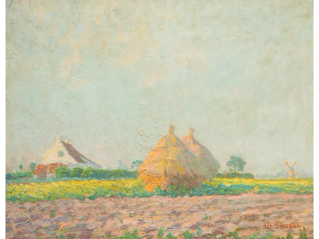 Octave soudan (1872-1948), rural landscape with haystacks, oil on canvas 55 x 70 cm. (21.64 x 27.55 in.), frame: 78.5 x 93.5 cm. (30.91 x 36.81 in.) - afbeelding 1 van  5