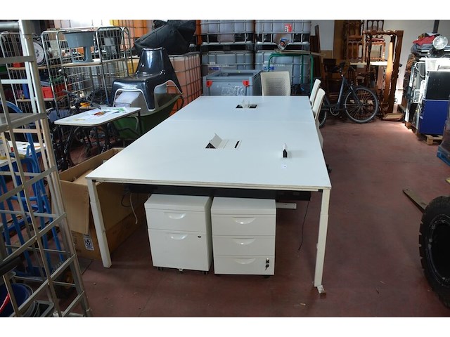 Office bench 4 personen 320x160 cm, 2 rol ladeblokken, 3 bureelstoelen met stoffen zit en pvc rug (54,57,58) - afbeelding 4 van  10