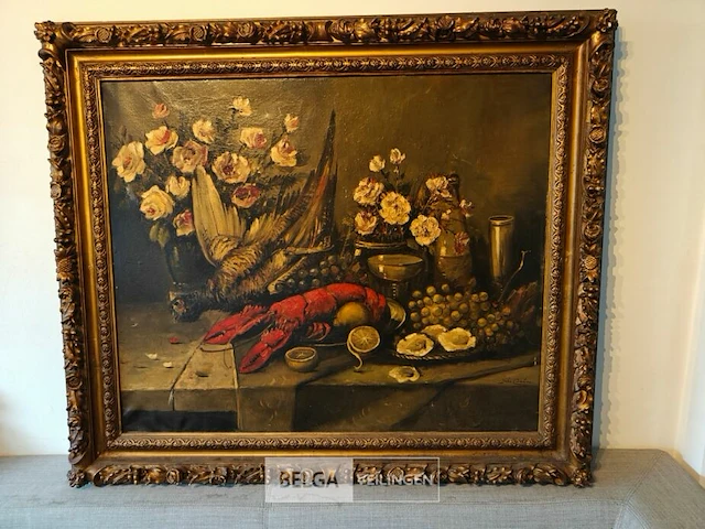 Olie op doek, jules cambier, stilleven met kreeft - afbeelding 1 van  8