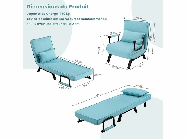 Omgebouwd 1-zitter fauteuilbed, slaapbank, 184 x 60 cm, blauw - afbeelding 2 van  5