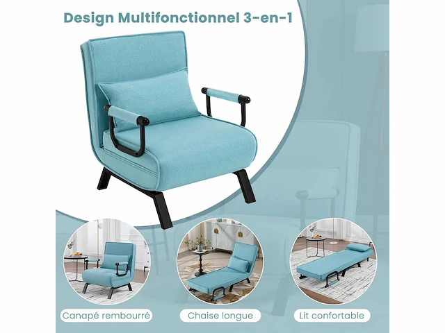 Omgebouwd 1-zitter fauteuilbed, slaapbank, 184 x 60 cm, blauw - afbeelding 3 van  5