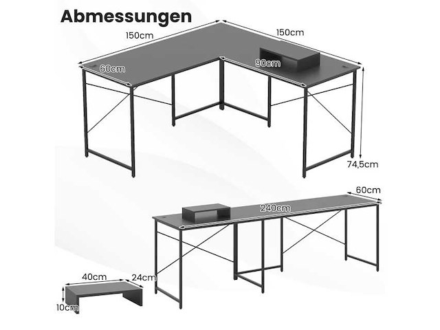 Omkeerbaar l-vormig hoekbureau met computerlaadstation, grijs - afbeelding 3 van  5