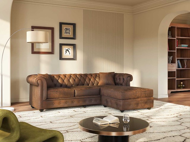Omkeerbare chesterfield corner sofa in distressed microfiber - bruin - afbeelding 1 van  4