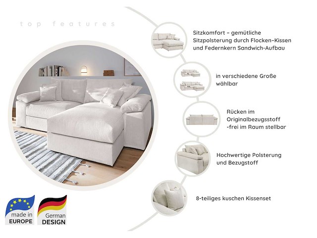 Omkeerbare hoekbank soft&cosy xxl - beige stof met koord - afbeelding 4 van  13