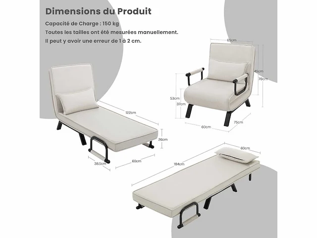 Omschakelbaar 1-zits fauteuilbed, bank, 184 x 60 cm, beige - afbeelding 3 van  8