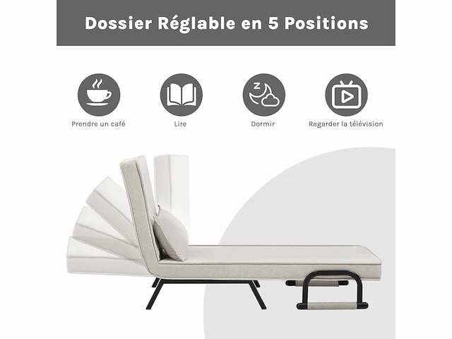 Omschakelbaar 1-zits fauteuilbed, bank, 184 x 60 cm, beige - afbeelding 5 van  8