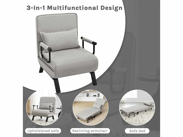 Omschakelbaar 1-zitter fauteuilbed, slaapbank, 184 x 60 cm, lichtgrijs - afbeelding 4 van  9