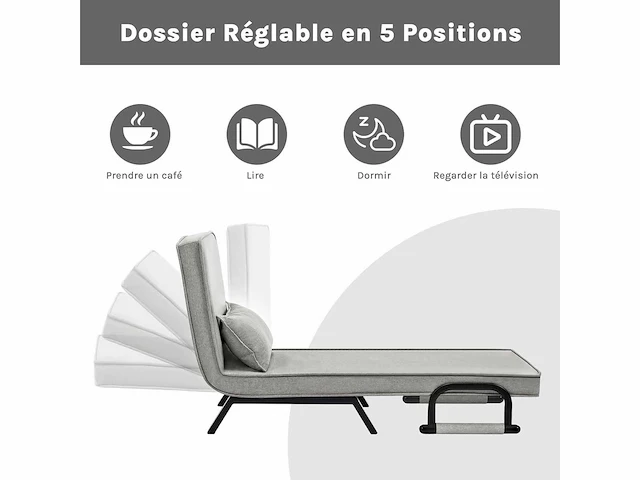 Omschakelbaar 1-zitter fauteuilbed, slaapbank, 184 x 60 cm, lichtgrijs - afbeelding 5 van  9