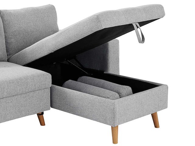 Omzetbare en omkeerbare hoekbank van lichtgrijze stof met opbergdoos - afbeelding 6 van  7