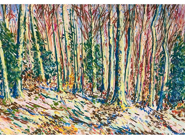 Onbekende meester (mongram jv) - boszicht - pastel - topwerk - afbeelding 1 van  16