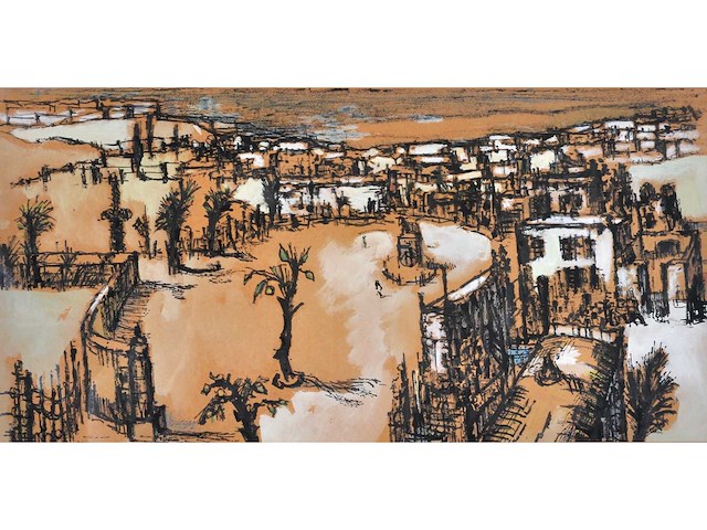 Onleesbaar signatuur - stadszicht - gemengde techniek - afbeelding 1 van  8