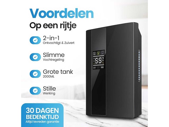 Ontvochtiger & luchtreiniger 2-in-1 – stil & energiezuinig (90w) – 2000ml watertank, uv-lamp, hygrometer & afstandsbediening – voor badkamer, slaapkamer & keuken - afbeelding 1 van  6