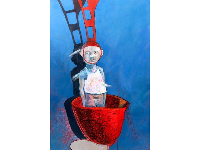 Oost-europese school - figuur met rode constructie - olieverf op board - 120,5x80,5 cm - afbeelding 1 van  1