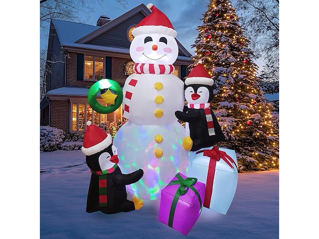 Opblaasbare sneeuwpop van 180 cm met pinguïns en cadeautjes - afbeelding 1 van  5
