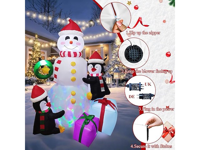 Opblaasbare sneeuwpop van 180 cm met pinguïns en cadeautjes - afbeelding 4 van  5