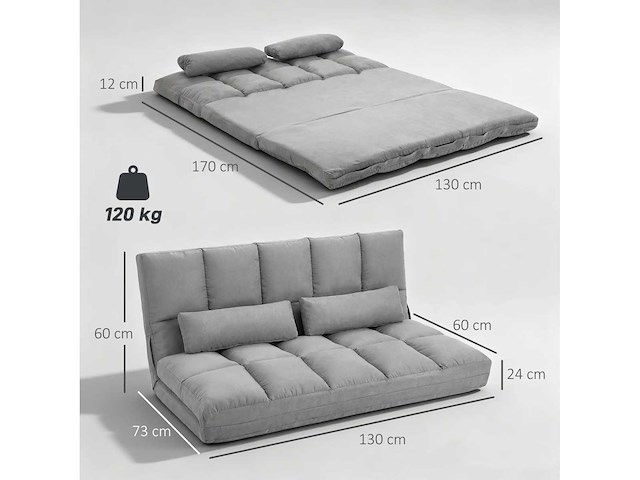 Opklapbare slaapbank op vloer, met 3-stand verstelbare rugleuning, lichtgrijs - afbeelding 4 van  8