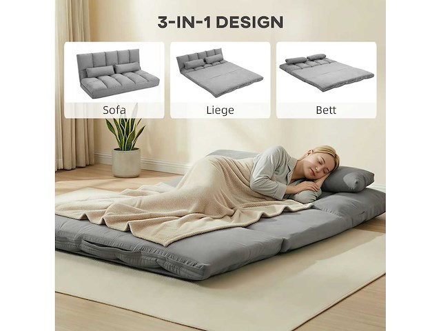 Opklapbare slaapbank op vloer, met 3-stand verstelbare rugleuning, lichtgrijs - afbeelding 5 van  8
