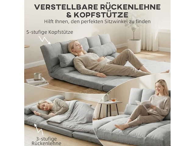 Opklapbare slaapbank op vloer, met 3-stand verstelbare rugleuning, lichtgrijs - afbeelding 6 van  8