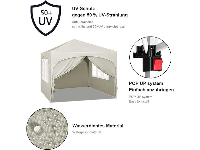 Opvouwbaar prieel 3x3 m, waterafstotend, anti-uv 50+, hoogte verstelbaar, met draagtas - afbeelding 7 van  10