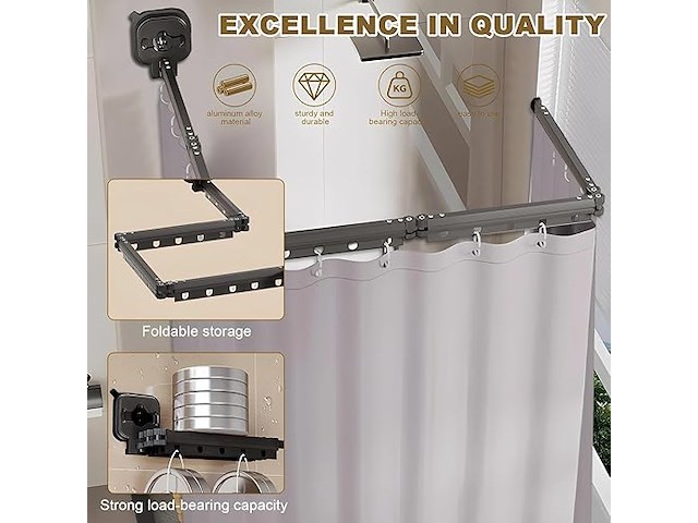 Opvouwbare douchegordijnstang met zuignap en douchegordijn - afbeelding 5 van  5