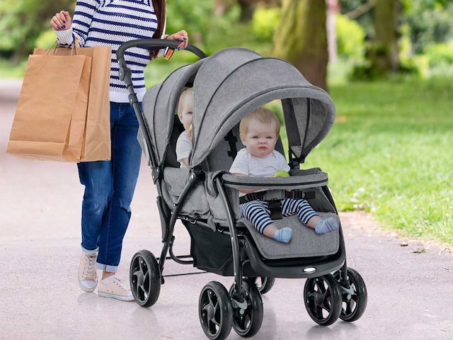 Opvouwbare dubbele kinderwagen met verstelbare rugleuning en cockpitkap, laadvermogen 30 kg - afbeelding 1 van  10