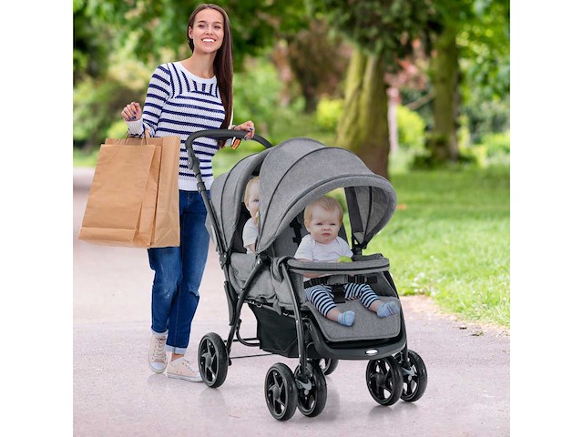 Opvouwbare dubbele kinderwagen met verstelbare rugleuning en cockpitkap, laadvermogen 30 kg - afbeelding 3 van  10