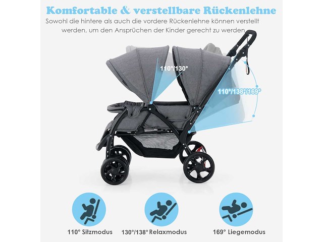 Opvouwbare dubbele kinderwagen met verstelbare rugleuning en cockpitkap, laadvermogen 30 kg - afbeelding 4 van  10