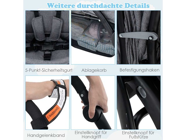 Opvouwbare dubbele kinderwagen met verstelbare rugleuning en cockpitkap, laadvermogen 30 kg - afbeelding 8 van  10