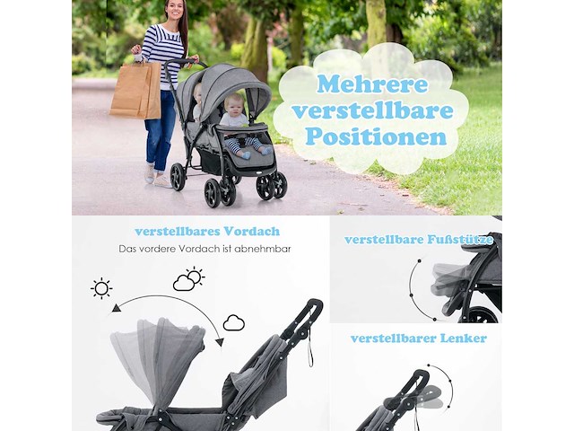 Opvouwbare dubbele kinderwagen met verstelbare rugleuning en cockpitkap, laadvermogen 30 kg - afbeelding 9 van  10