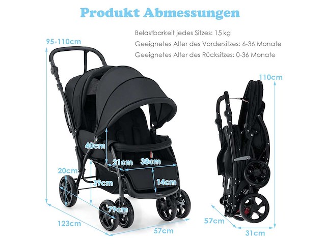 Opvouwbare dubbele kinderwagen met verstelbare rugleuning en kap - zwart - afbeelding 5 van  9